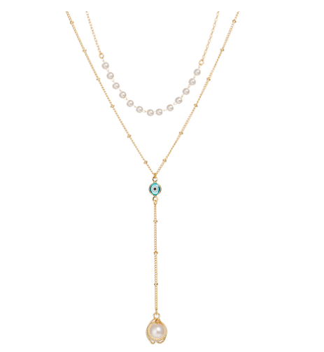 Metal Layered Necklace with Roman Pendant and Pearls