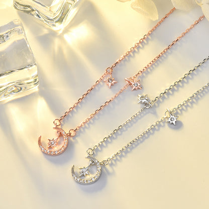 S925 Silver Star and Moon Necklace for Women