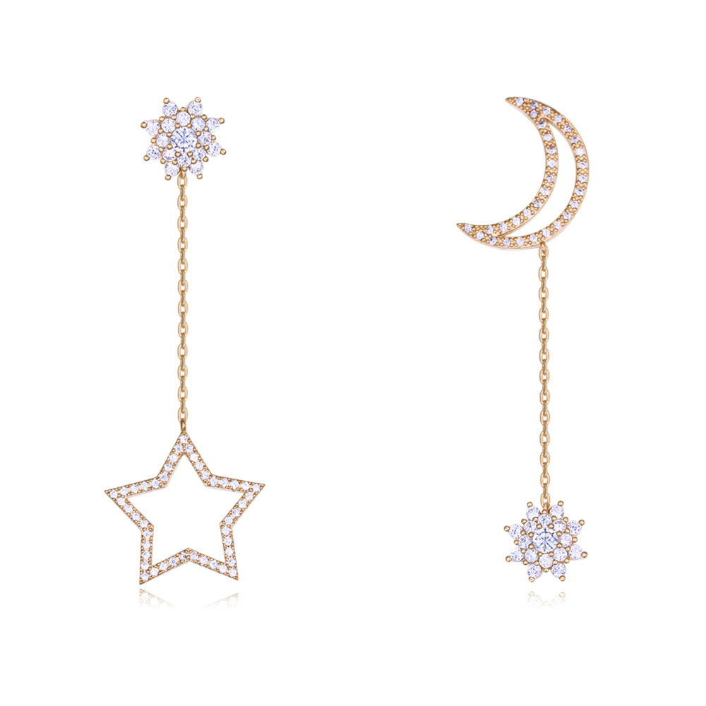 S925 Silver Star Moon Pearl Asymmetric Earrings