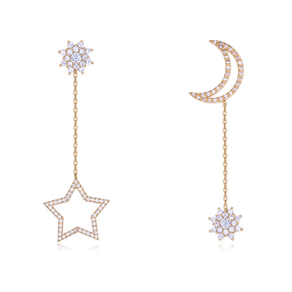 S925 Silver Star Moon Pearl Asymmetric Earrings