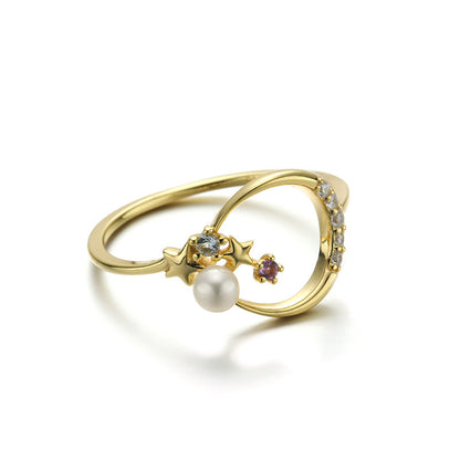 S925 Silver Minimalist Star Moon Amethyst Pearl Ring