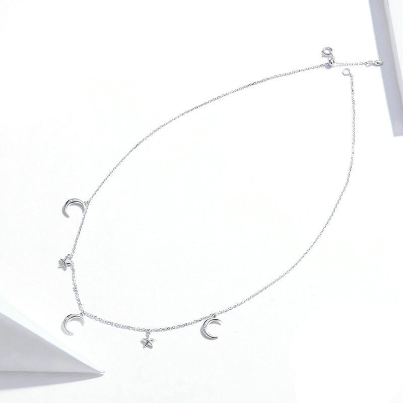 S925 Silver Star and Moon Zircon Necklace - Minimalist Design