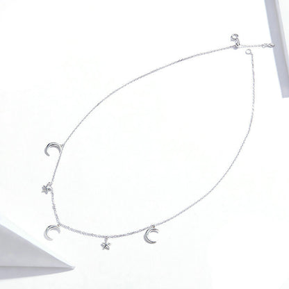 S925 Silver Star and Moon Zircon Necklace - Minimalist Design