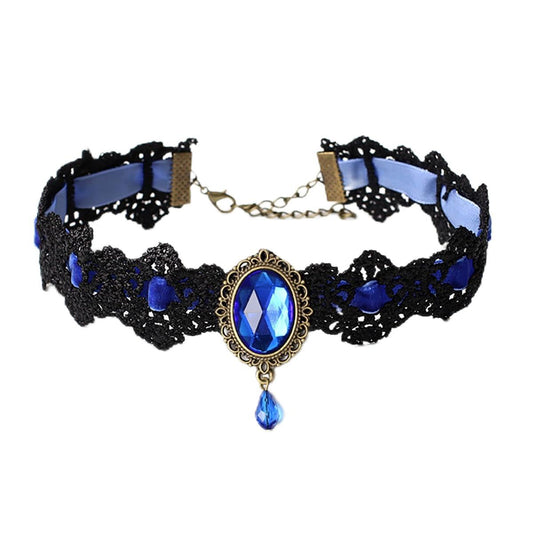 Goth Necklace Victoria Vampire Bat Crystal Necklace Halloween Costume (Blue)