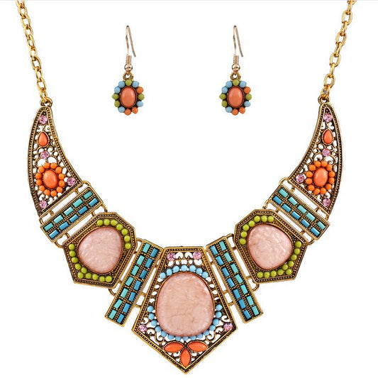 Colorful Geometric Resin Diamond Necklace and Earring Set