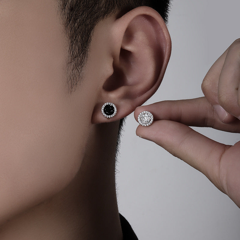 925 Silver Men's Earrings with Black Crystal Design