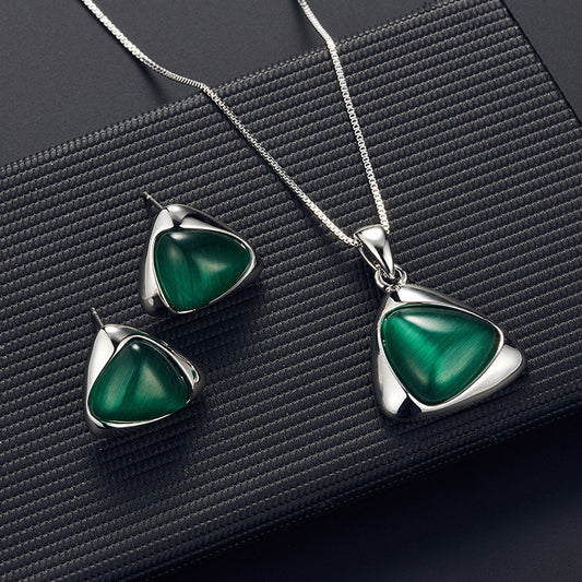 Geometric Triangle Cat Eye Necklace and Earring Set