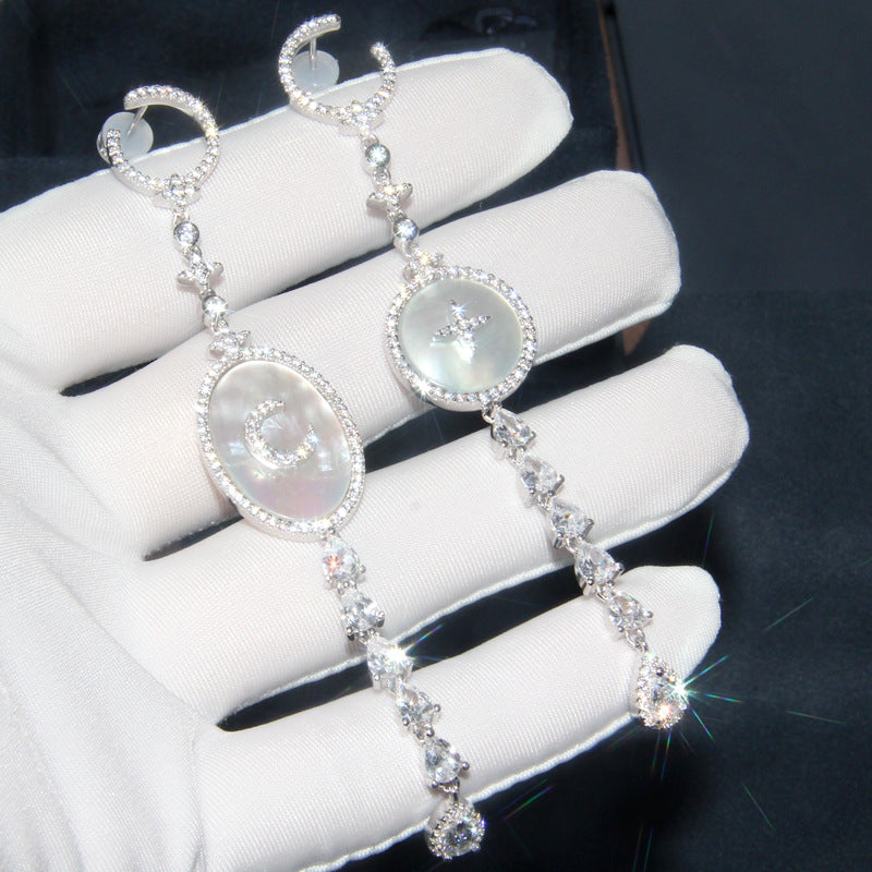 Mother-of-Pearl Silver Star and Moon Art Earrings