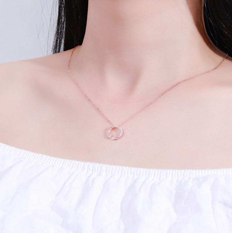 S925 Silver Star and Moon Pendant Necklace