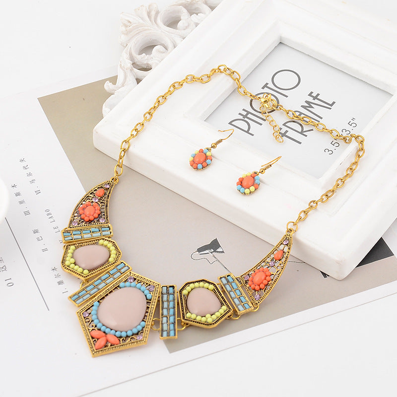 Colorful Geometric Resin Diamond Necklace and Earring Set