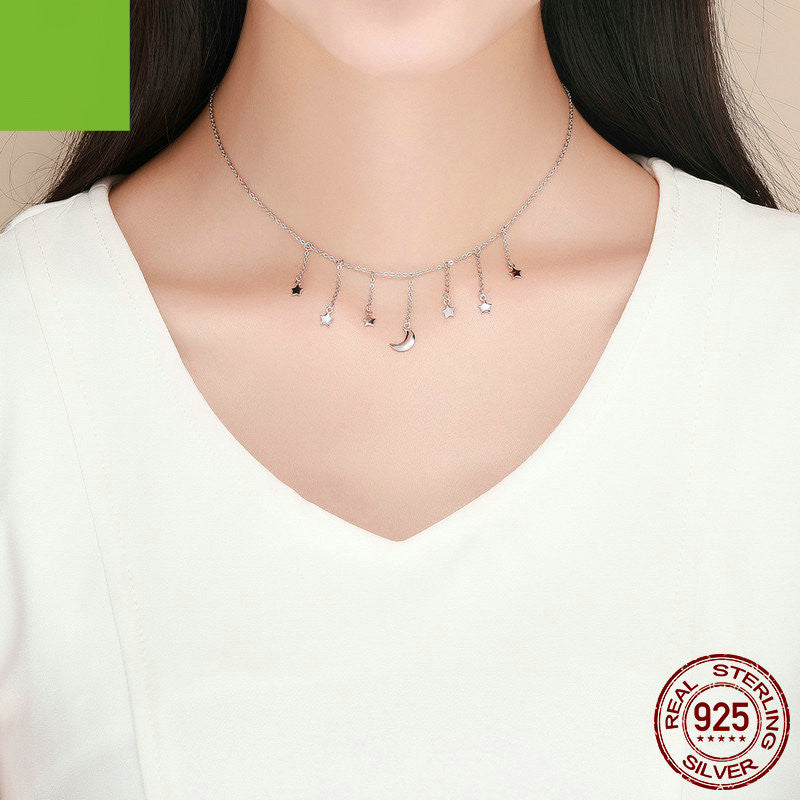 S925 Silver Necklace with Dazzling Star and Moon