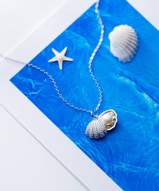 S925 Silver Necklace with Shell Pendant and Pearls