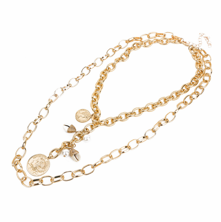 Men's Layered Necklace with Shells and Pearls