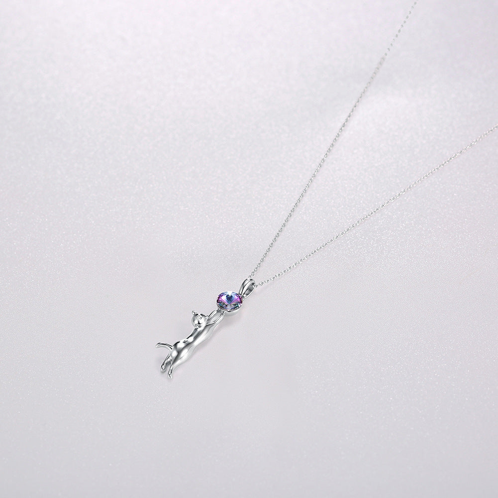 S925 Silver Cat Pendant Necklace with Austrian Crystal