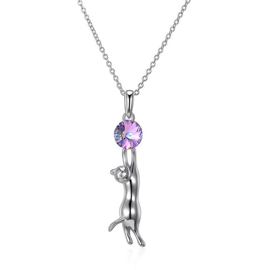 S925 Silver Cat Pendant Necklace with Austrian Crystal