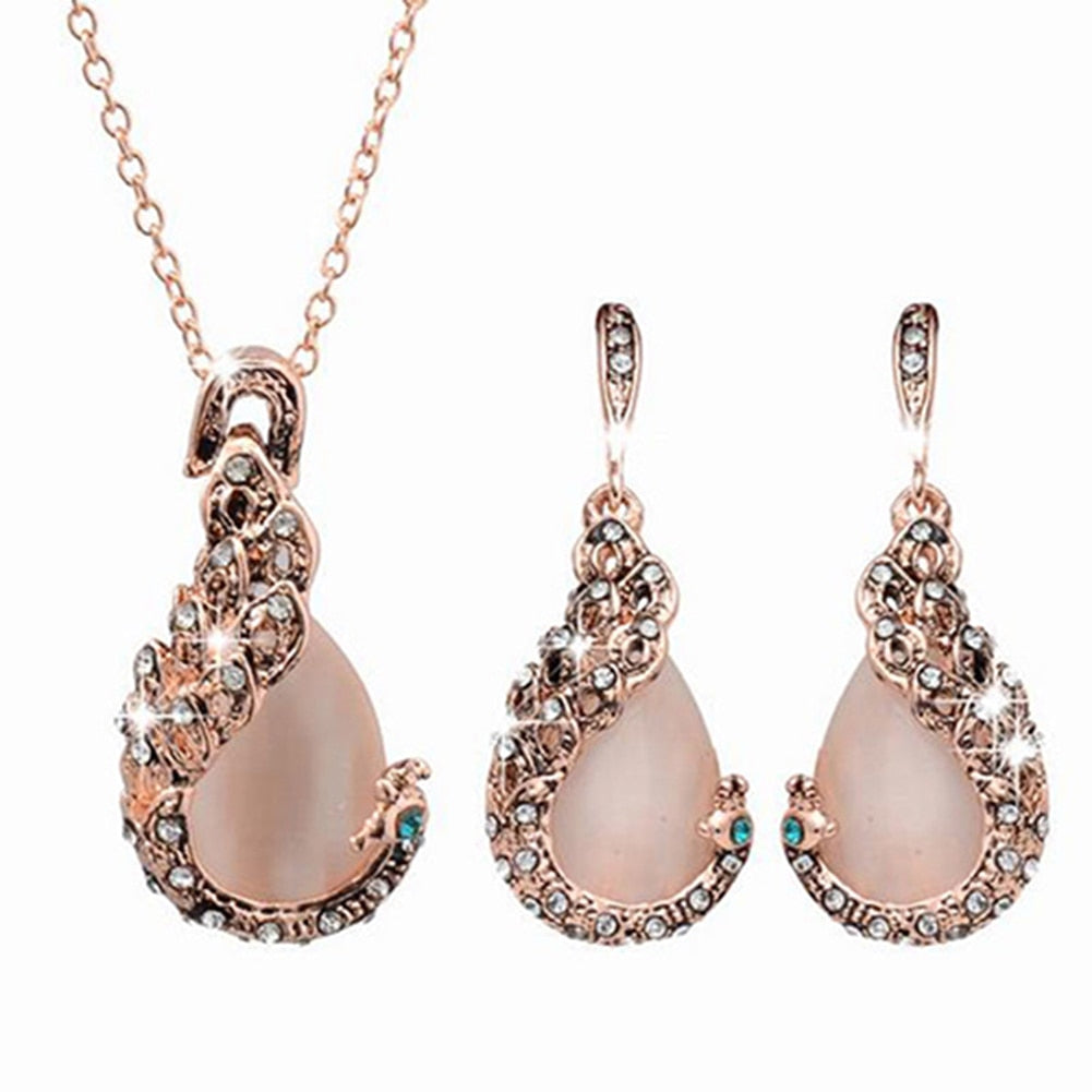 Peacock Necklace and Earring Set with Cat's Eye Stone