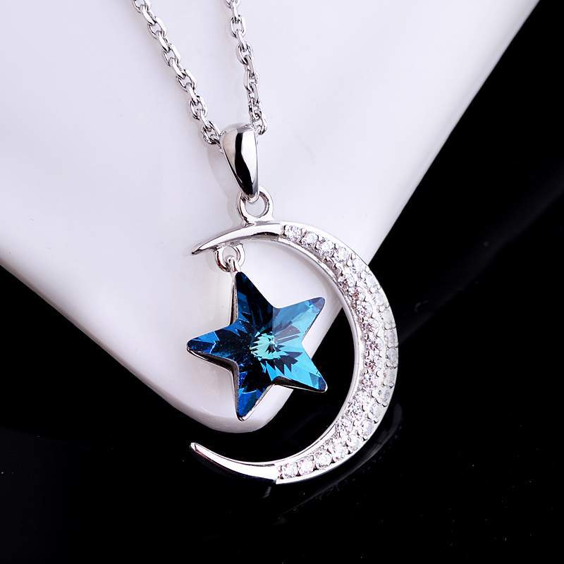 S925 Silver Star Moon Austrian Crystal Pendant Necklace