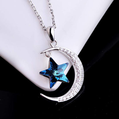 S925 Silver Star Moon Austrian Crystal Pendant Necklace