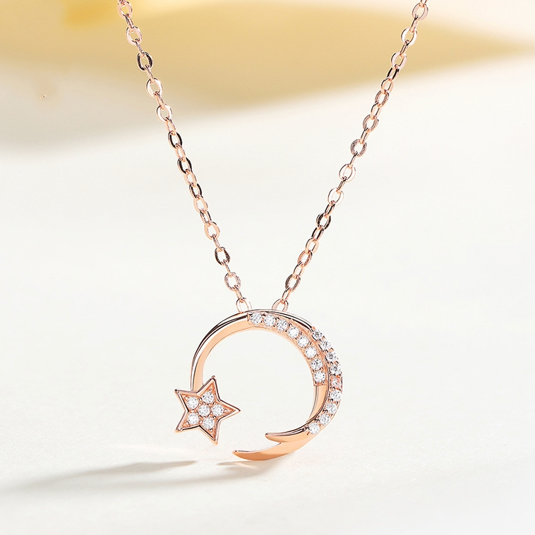 S925 Silver Star and Moon Pendant Necklace