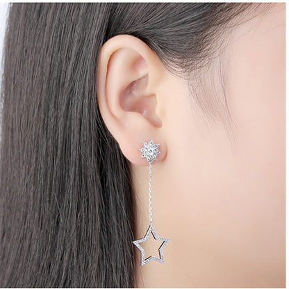 S925 Silver Star Moon Pearl Asymmetric Earrings