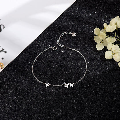 S925 Silver Butterfly Bracelet with Floral Tassels