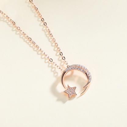 S925 Silver Star and Moon Pendant Necklace