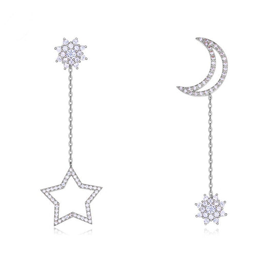 S925 Silver Star Moon Pearl Asymmetric Earrings