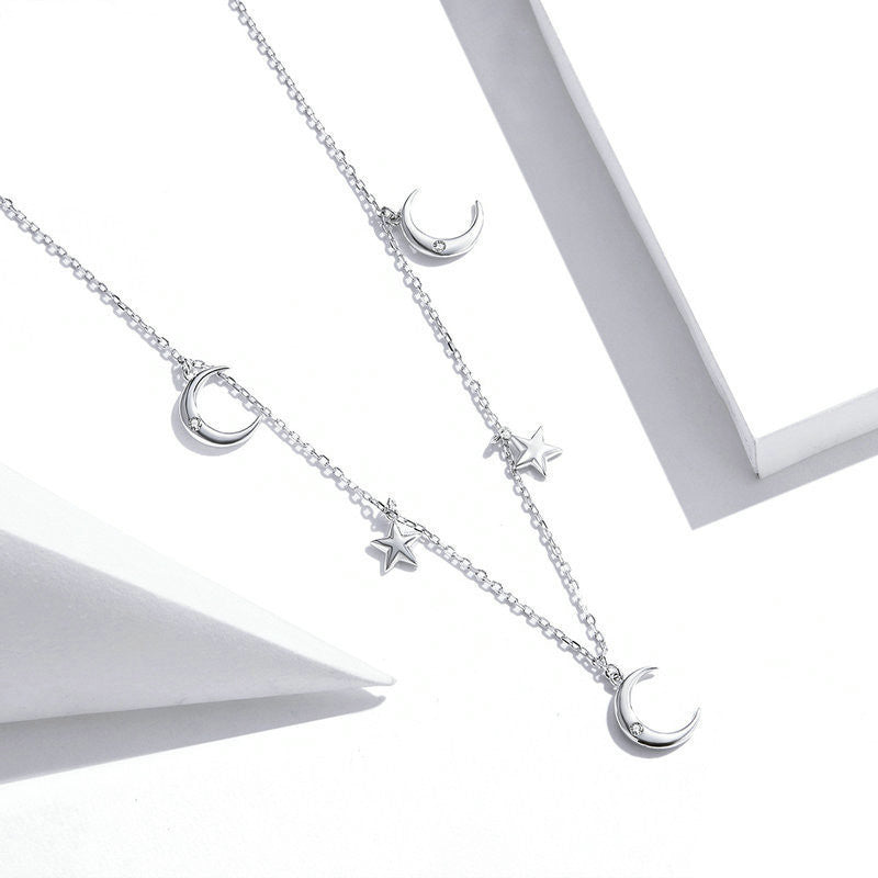 S925 Silver Star and Moon Zircon Necklace - Minimalist Design