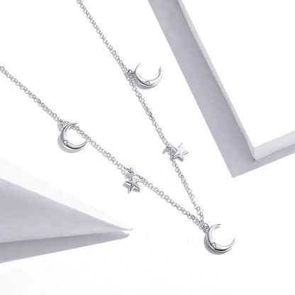 S925 Silver Star and Moon Zircon Necklace - Minimalist Design
