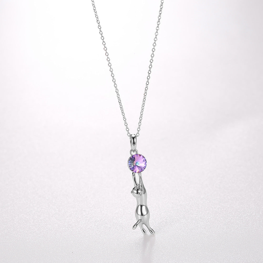 S925 Silver Cat Pendant Necklace with Austrian Crystal