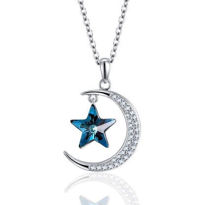 S925 Silver Star Moon Austrian Crystal Pendant Necklace