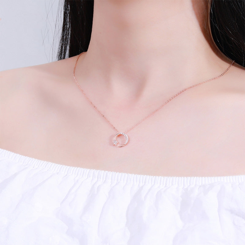 S925 Silver Star and Moon Pendant Necklace