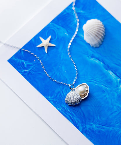 S925 Silver Necklace with Shell Pendant and Pearls