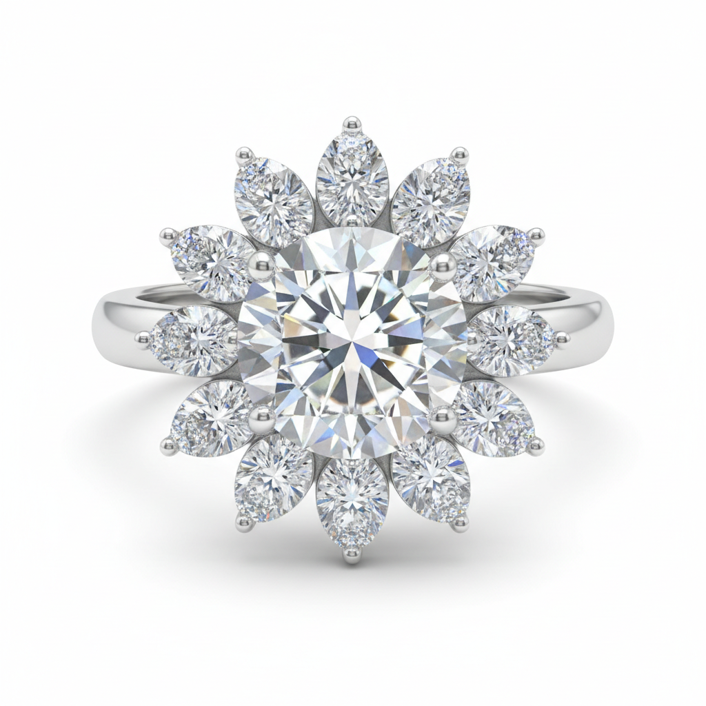 Sunflower Elegance 2ct Diamond Silver Ring