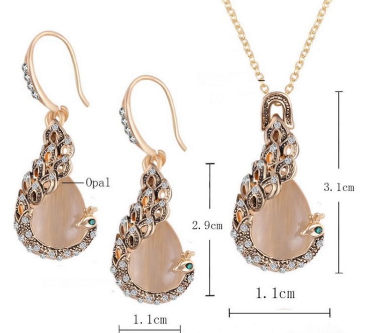 Peacock Necklace and Earring Set with Cat's Eye Stone