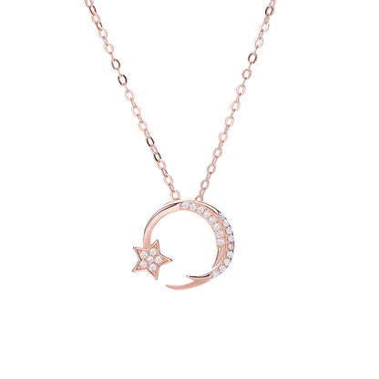 S925 Silver Star and Moon Pendant Necklace
