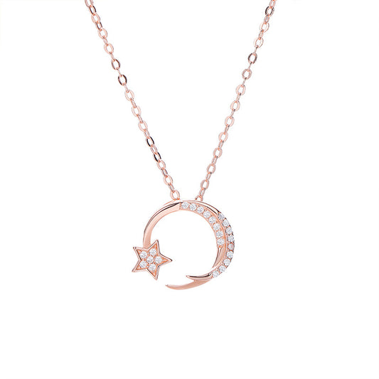 S925 Silver Star and Moon Pendant Necklace