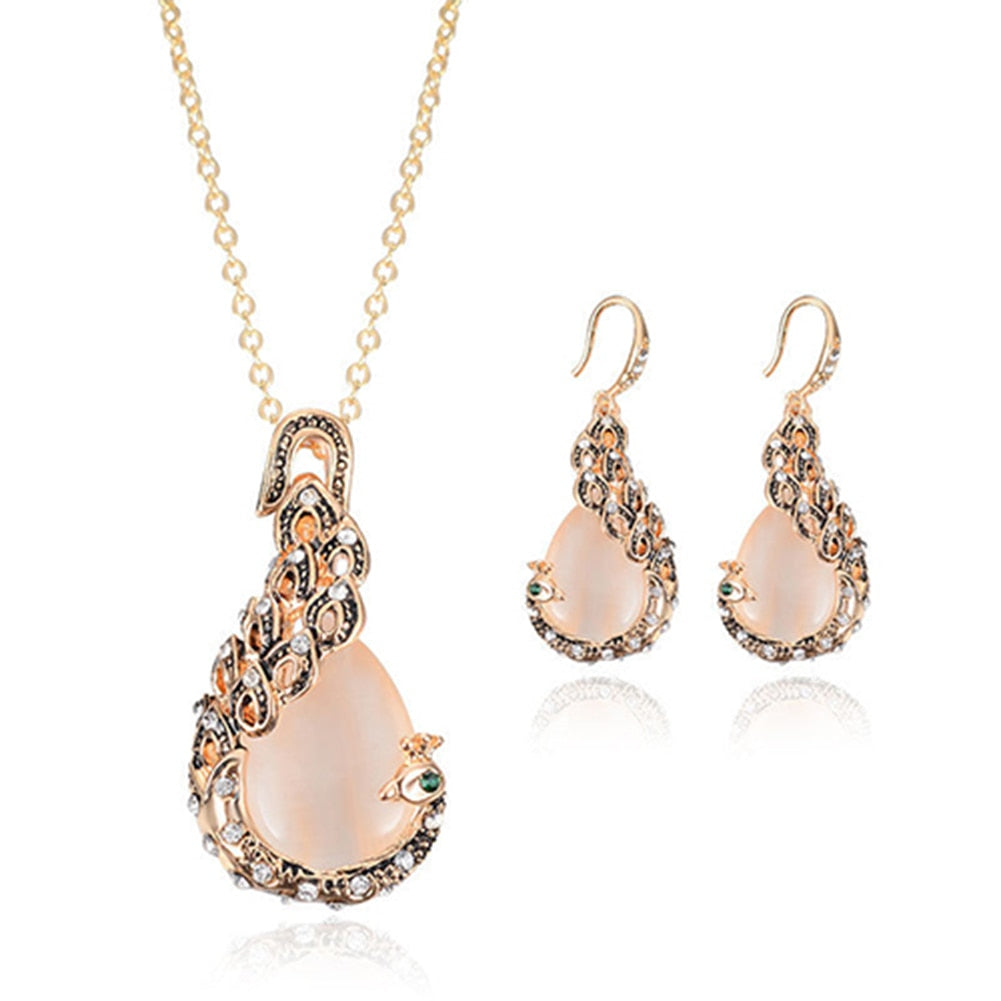 Peacock Necklace and Earring Set with Cat's Eye Stone