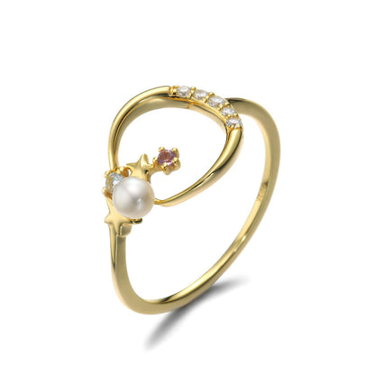 S925 Silver Minimalist Star Moon Amethyst Pearl Ring