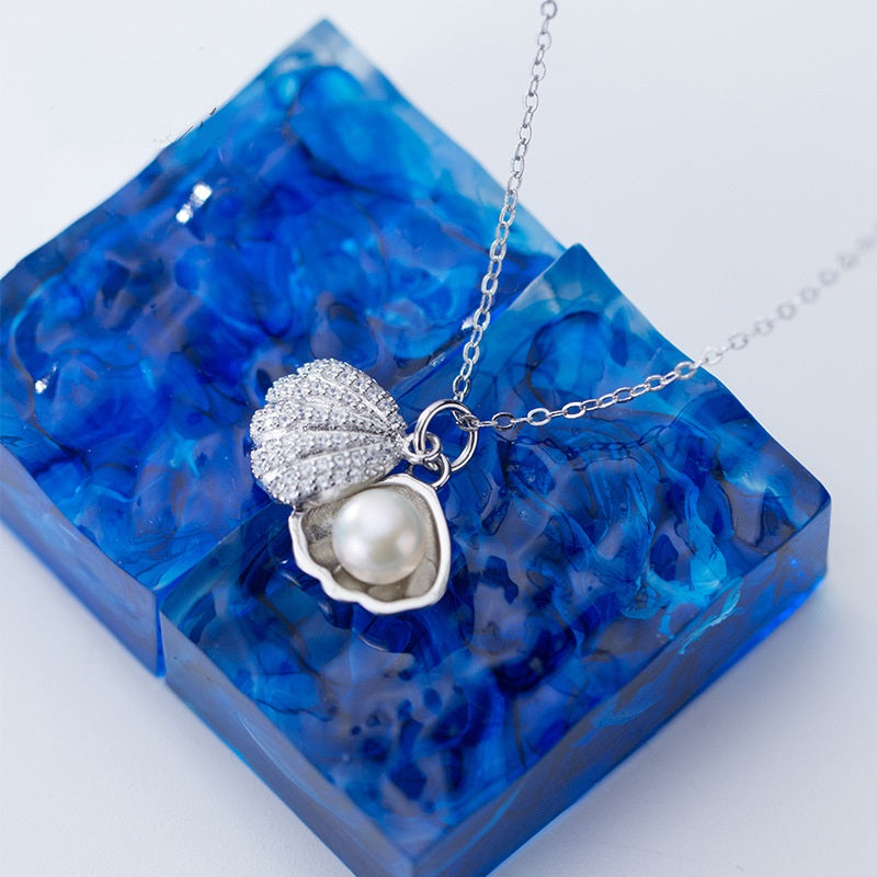 S925 Silver Necklace with Shell Pendant and Pearls