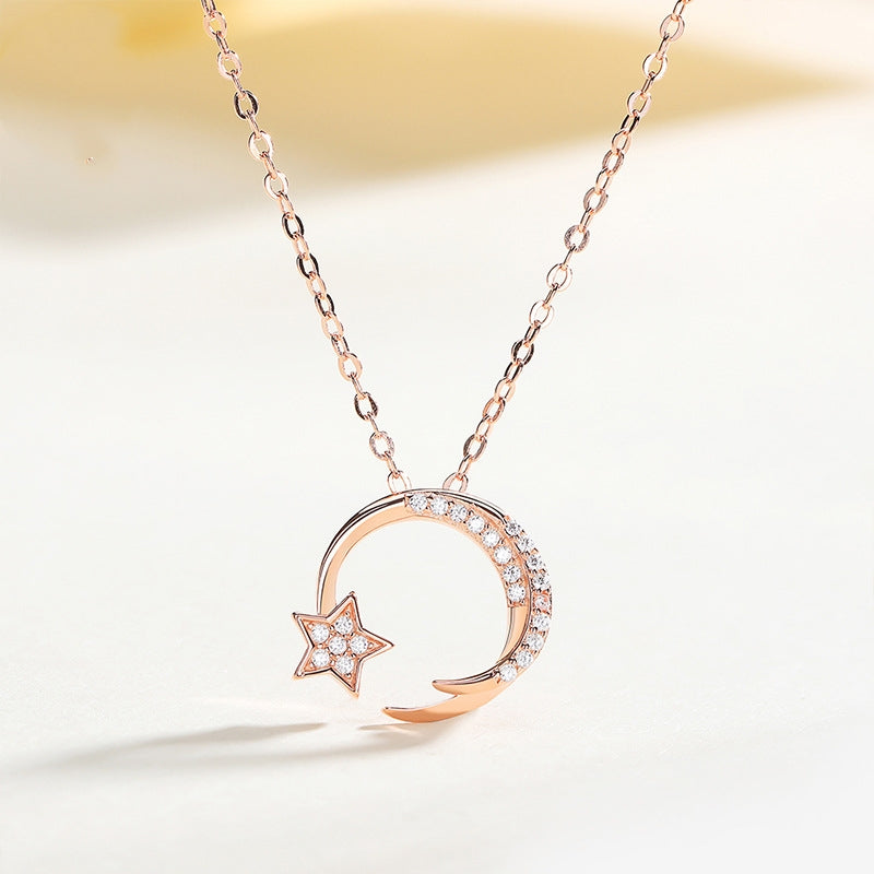 S925 Silver Star and Moon Pendant Necklace