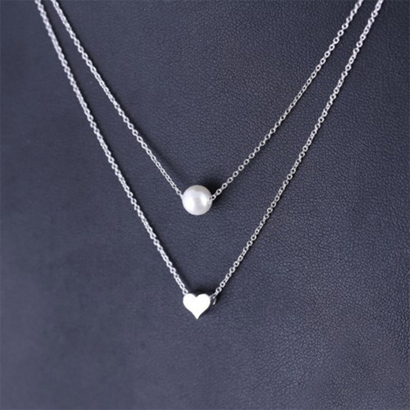 Fashion Pearl Heart Layered Integrated Necklace for Women